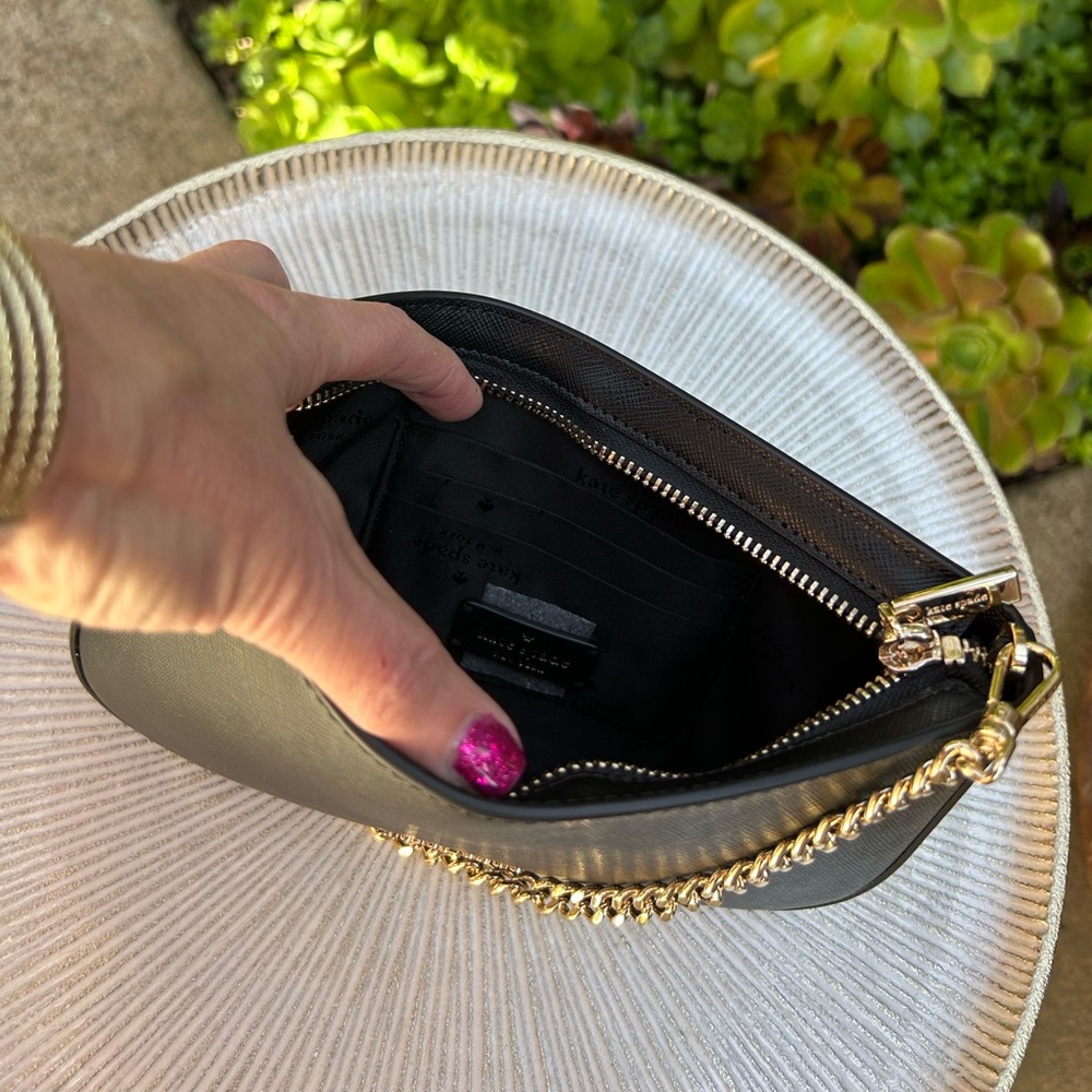 Kate Spade ♠️ New York Black Saffiano Leather Pochette Purse with Gold Chain - Picture 3 of 5